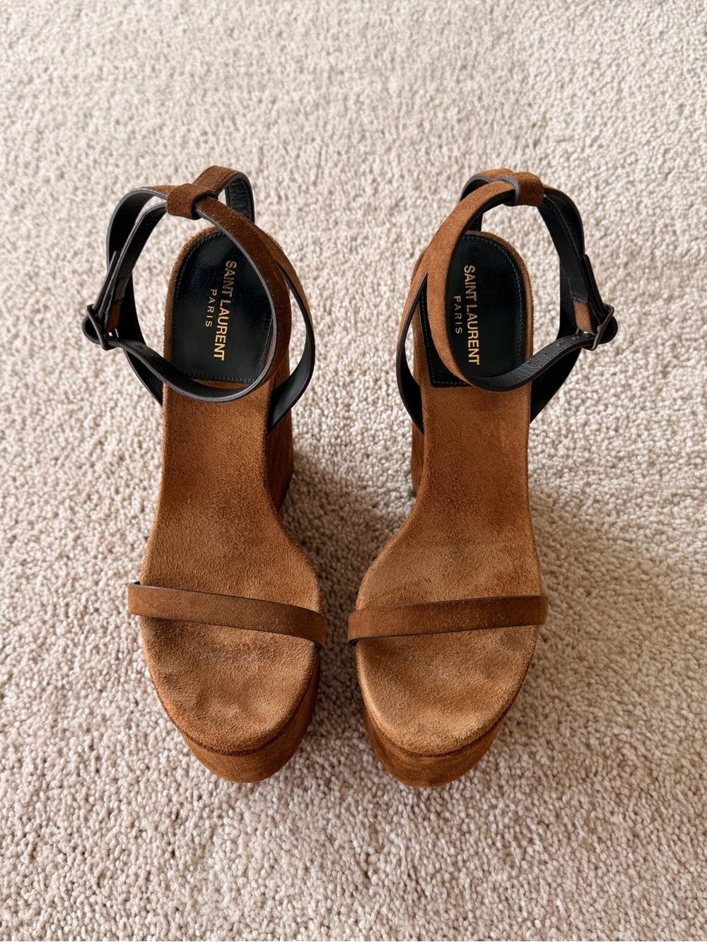 Saint Laurent Brown Suede Platform Sandals with Black Ankle Straps
